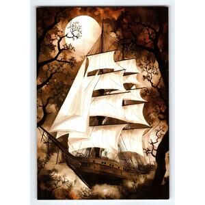 Vintage Halloween Ship Moonlit Night Photochrome Postcard 5.5x4"